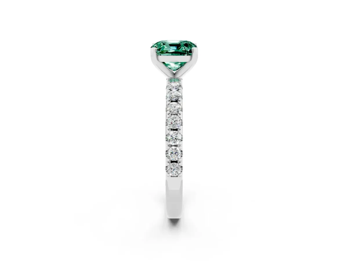 Cushion Cut Green Sapphire Solitaire Pavé Band with Four-Prong Setting Silver