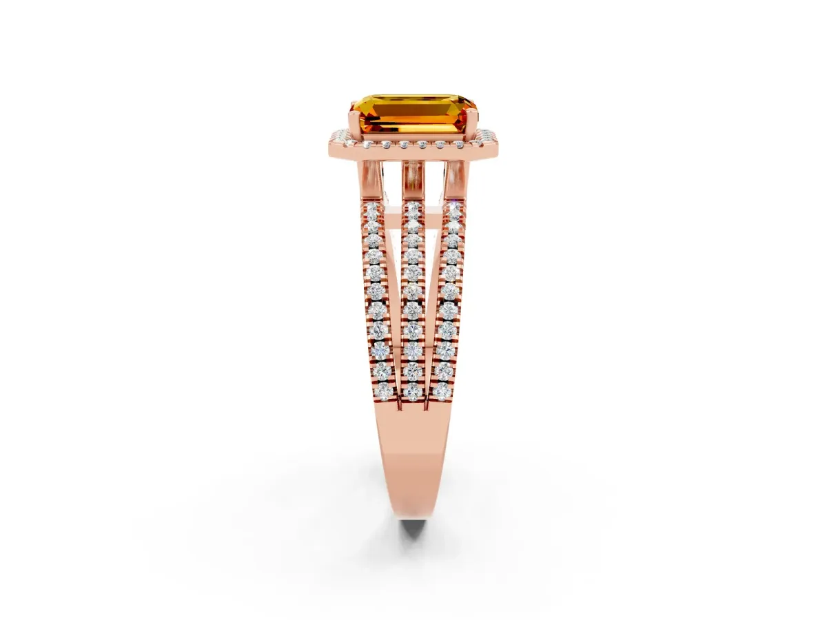 Emerald Cut Citrine Halo Engagement Ring with Split Shank and Four-Prong Setting Rose gold