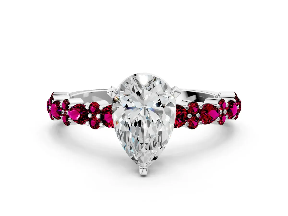 Pear Cut Diamond Side Stone Solitaire Ring with Round Garnet and Four-Prong Setting White gold