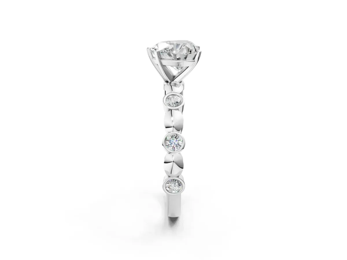 Heart Cut Solitaire Bezel-Set Diamond Ring with Beaded Band and Four-Prong Setting Silver