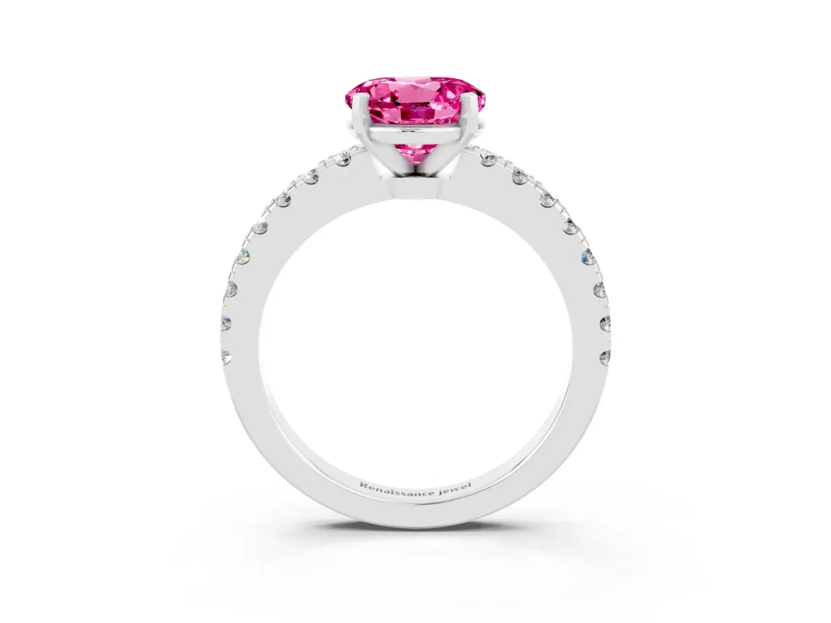 Round Cut Solitaire Pink Sapphire with Pavé Band and Four-Prong Setting Silver