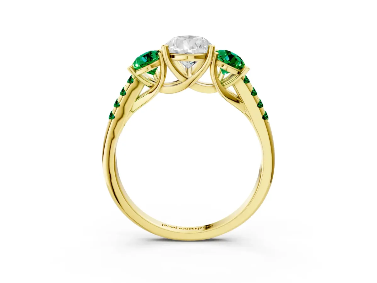 Three-Stone Pear Cut Diamond Ring with Round Emerald Pavé Band and Prong Setting Yellow gold
