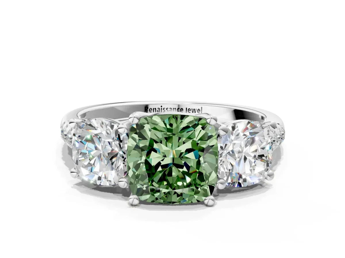 Fancy Green Three-Stone Cushion Cut Diamond Ring with Round Pavé Band and Prong Setting Silver