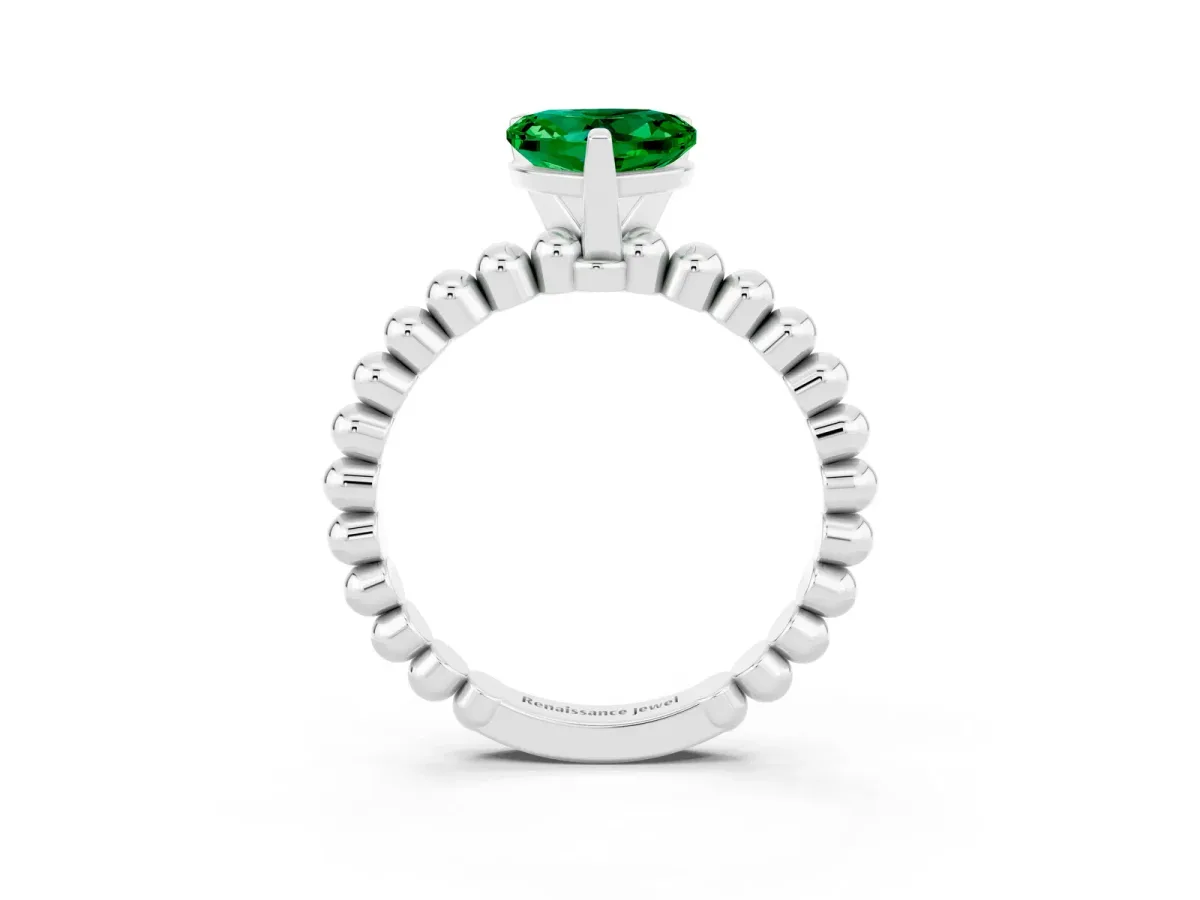 Heart Cut Emerald Solitaire Ring with Beaded Band and Prong Setting Platinum