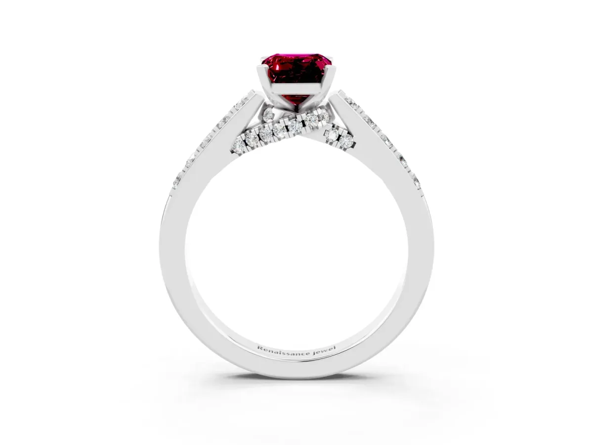 Emerald Cut Garnet Solitaire Ring with Crossover Gallery and Round Pavé Band Silver