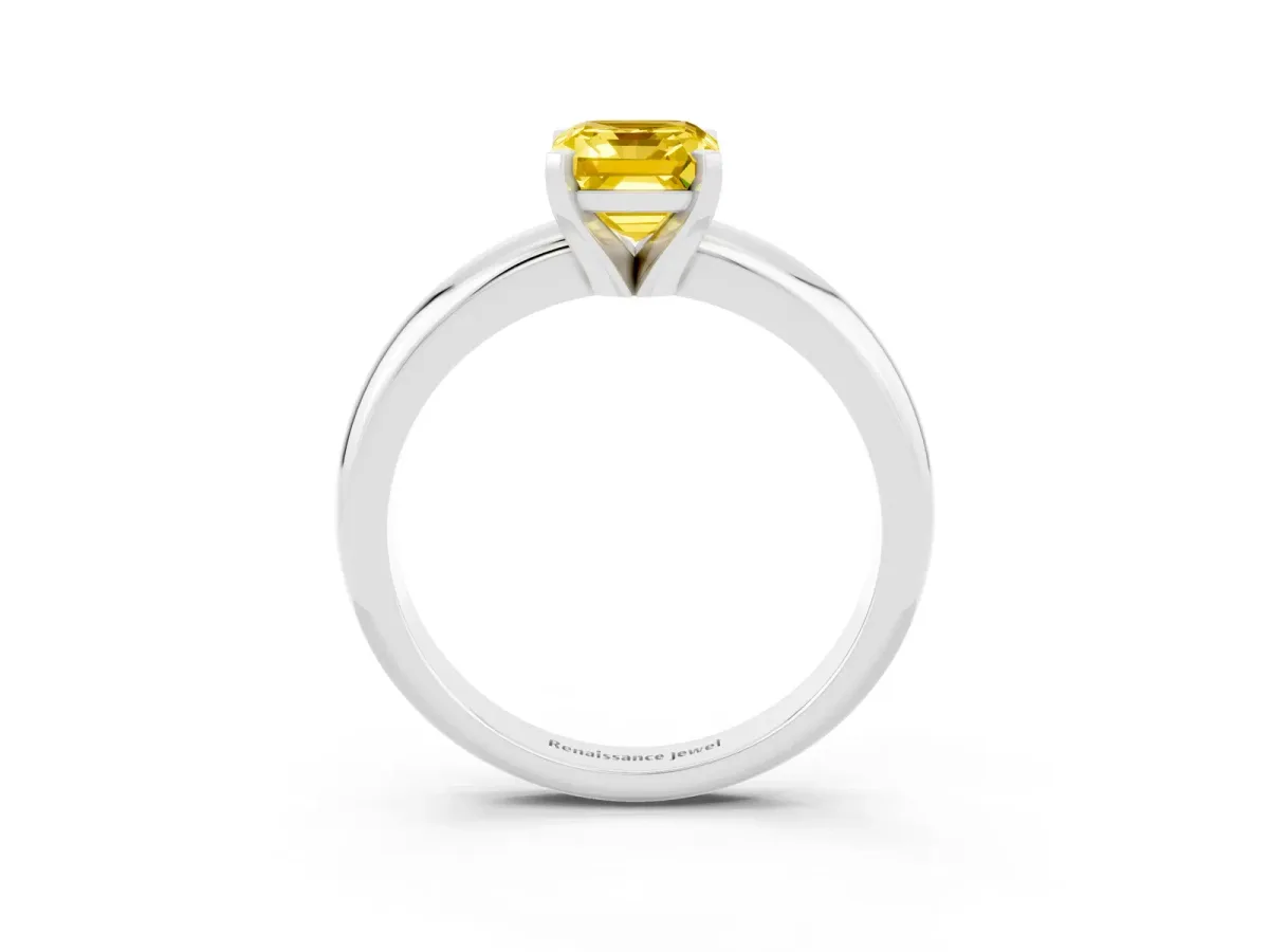 Emerald Cut Yellow Sapphire Solitaire Engagement Ring with Round Band and Four-Prong Setting Silver