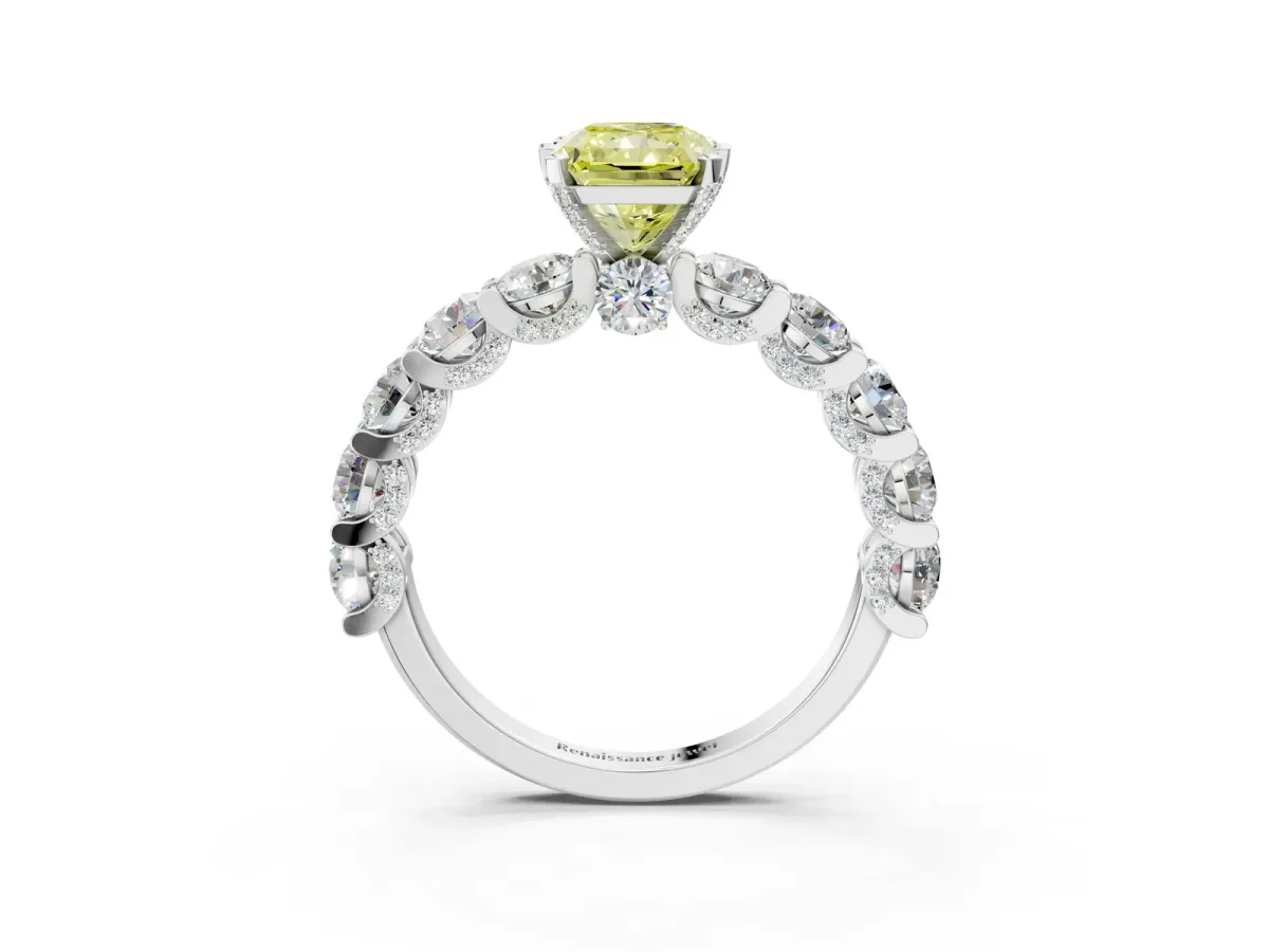 Fancy Yellow Radiant Cut Diamond Side Stone Engagement Ring with Four-Prong Setting Silver