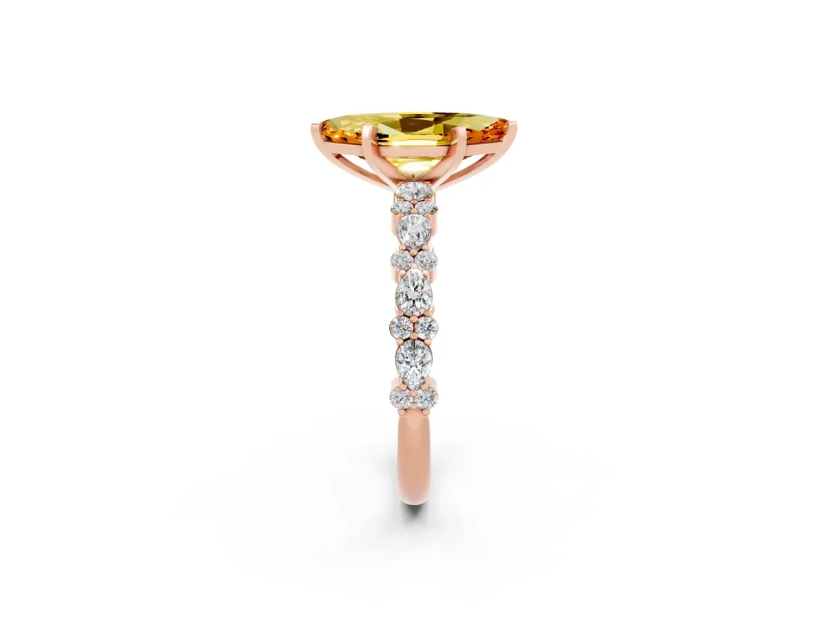 Marquise Cut Citrine Side Stone Solitaire Ring with Round and Four-Prong Setting Rose gold