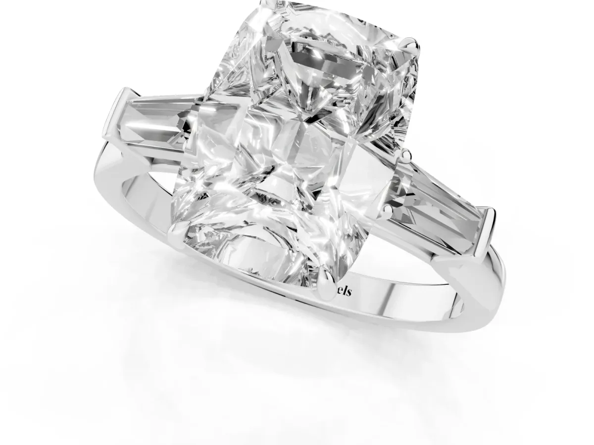 Old Mine Elongated Cushion Diamond with Side Tapered Baguette Three Stone Ring Silver
