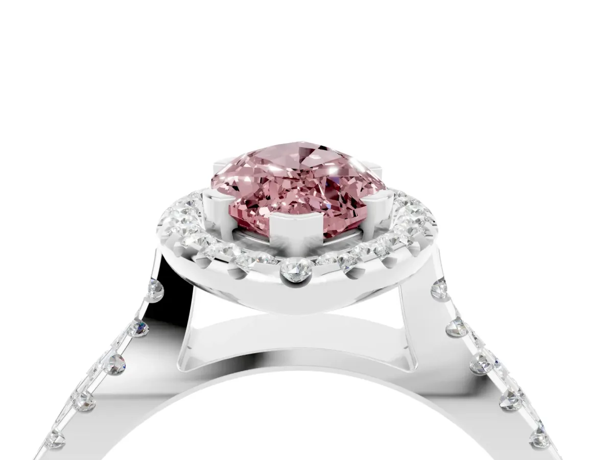 Marquise Cut Morganite Halo Ring with Split Shank Pavé Band and Prong Setting Silver