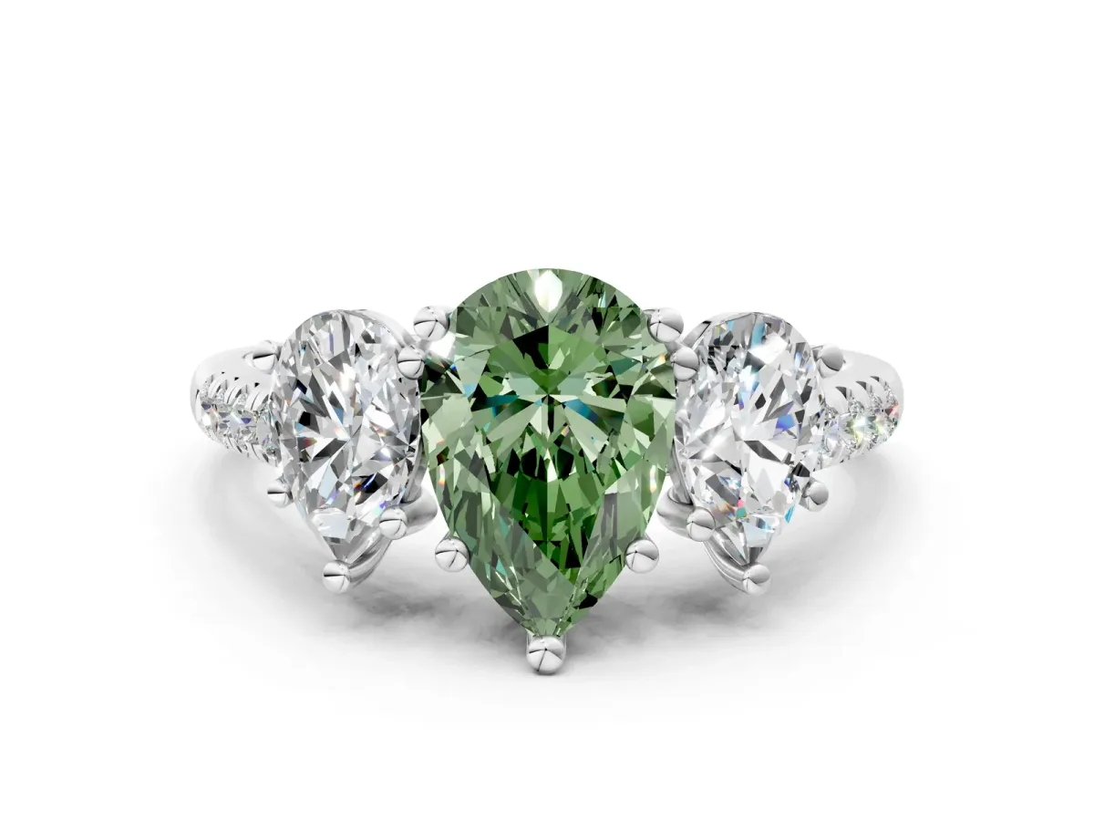 Fancy Green Three-Stone Pear Cut Diamond Ring with Round Pavé Band and Prong Setting Silver