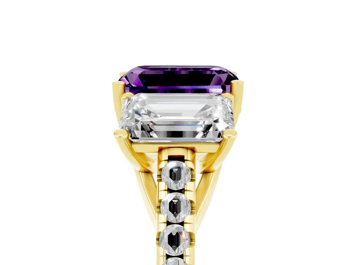 Three-Stone Emerald Cut Amethyst Ring with Round Pavé Band and Prong Setting Yellow gold