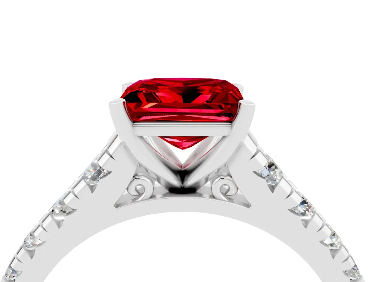 Princess Cut Ruby Cathedral Solitaire Ring with Round Pavé Band Platinum