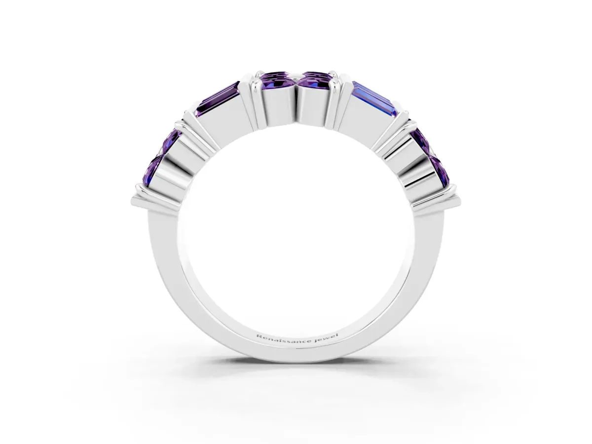 Channel Set Round and Baguette Amethyst Anniversary Band with Prong Setting Silver