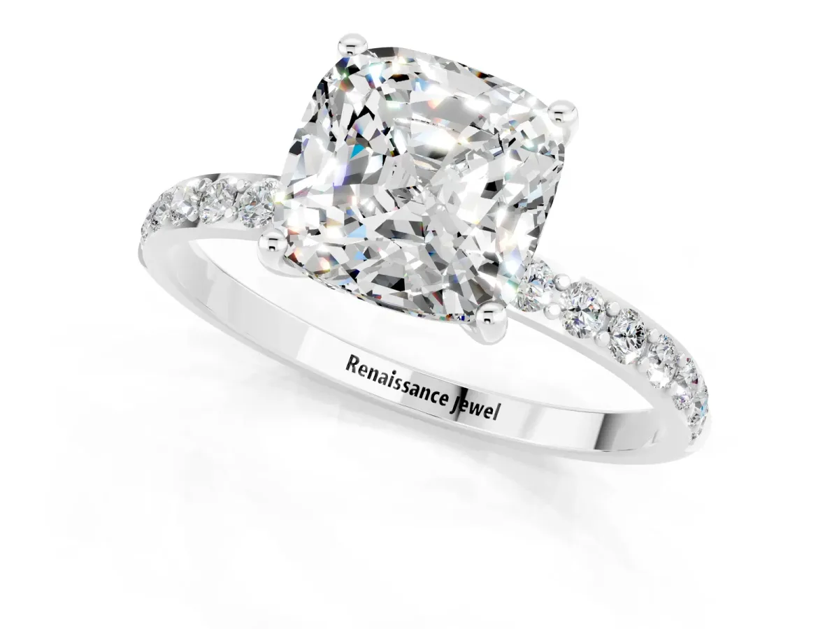 Cushion Cut Moissanite Solitaire Ring with Round Pavé Band and Prong Setting Silver