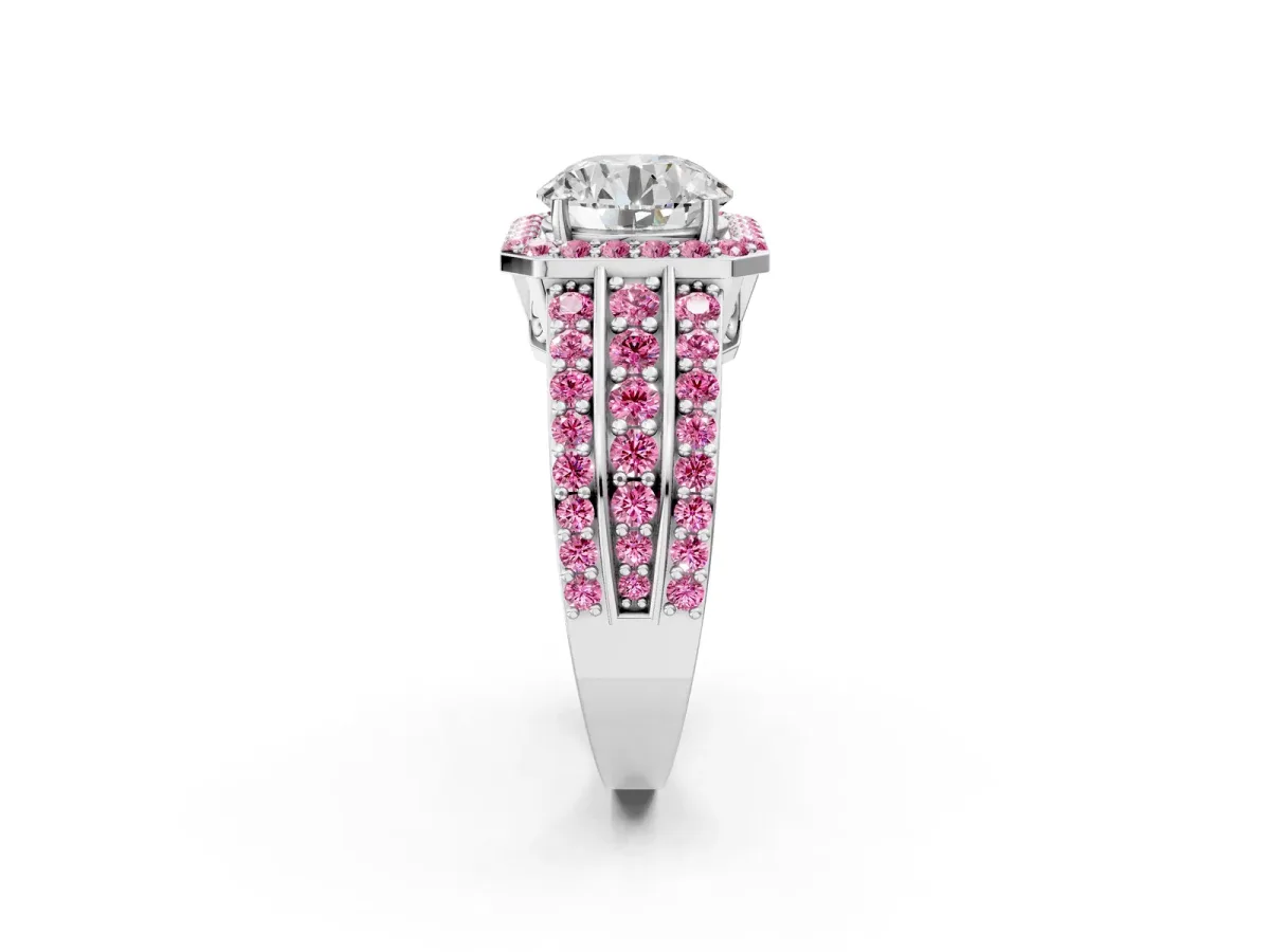 Round Cut Halo Diamond Ring with Round Pink Sapphire Split Shank and Prong Setting Silver