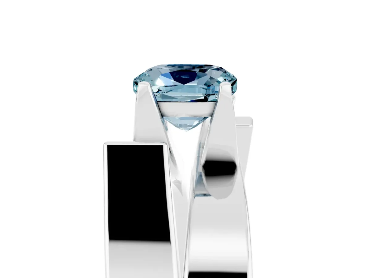 Modern Tension Set Cushion Cut Aquamarine Solitaire Wide Band Ring Silver