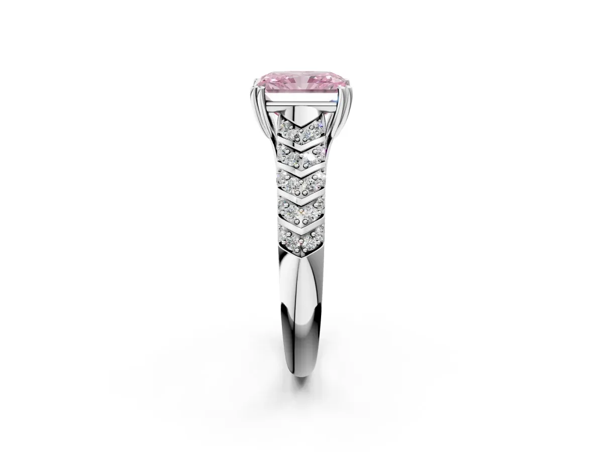 Fancy Pink Radiant Cut Solitaire Chevron Pave Diamond Engagement Ring with Six-Prong Setting Platinum