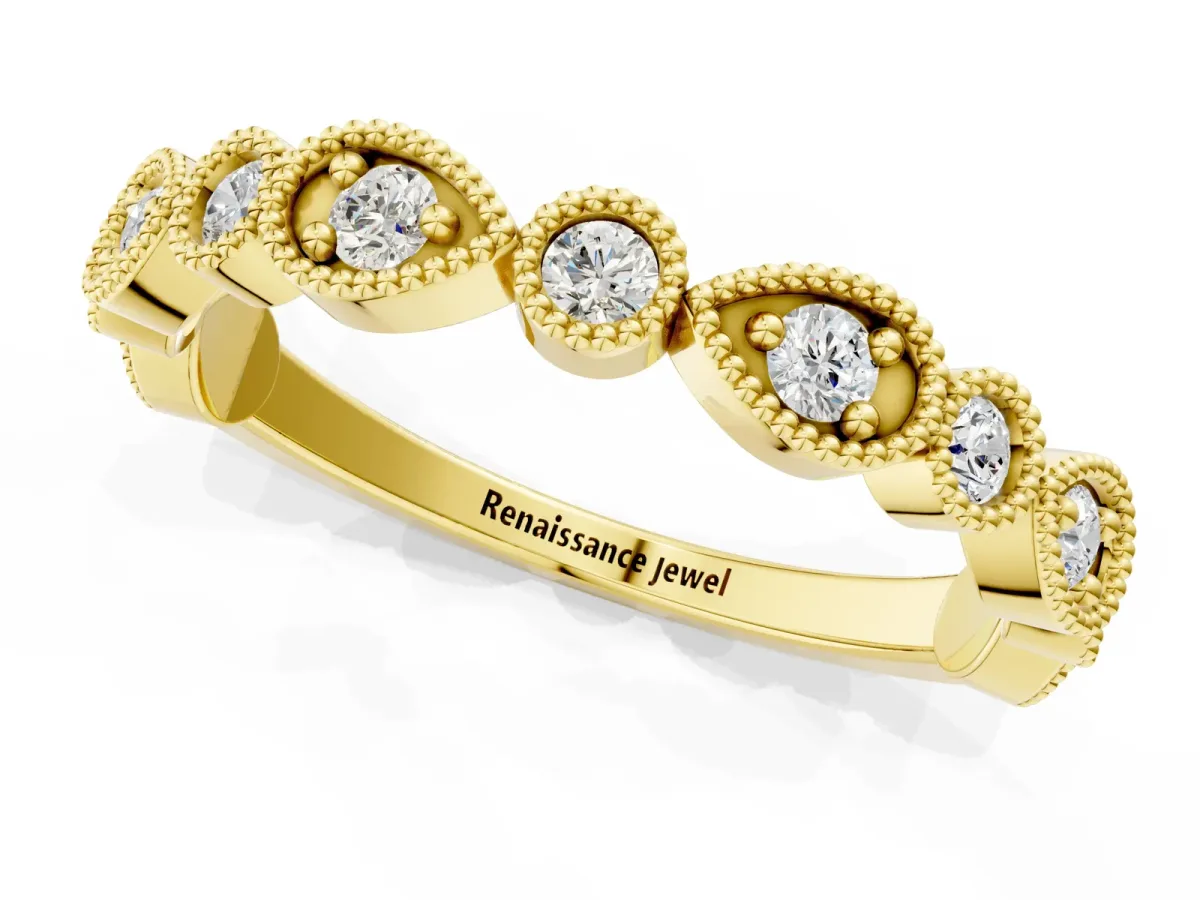 Milgrain Bezel Set Pear and Round Diamond Eternity Band Yellow gold