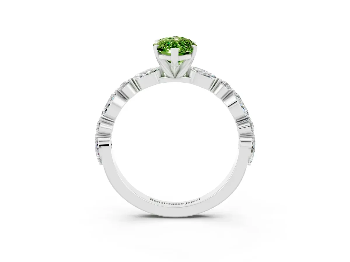 Marquise Cut Peridot Ring with Marquise and Round Side Stones and Four-Prong Setting Silver