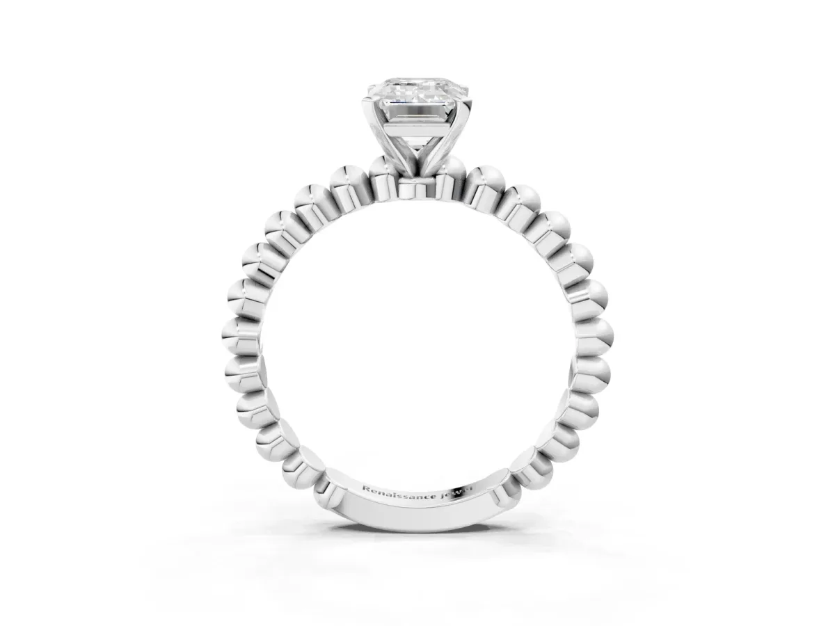 Emerald Cut Diamond Solitaire Ring with Beaded Band and Prong Setting Silver