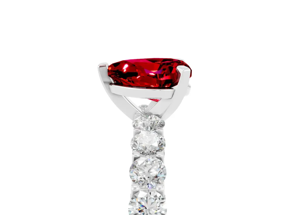 Heart Cut Ruby Solitaire Ring with Shared Prong Pavé Band and Four-Prong Setting Silver