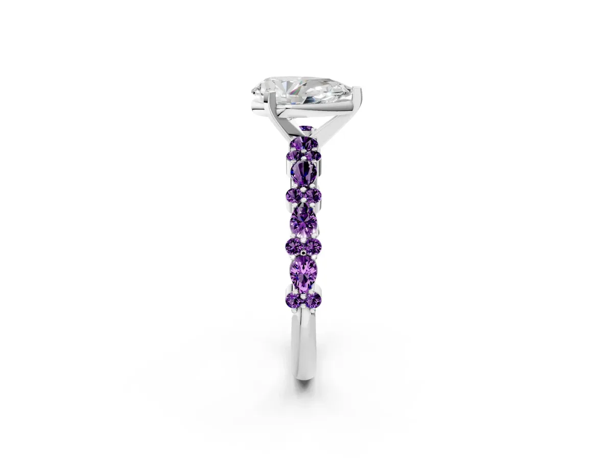 Pear Cut Diamond Side Stone Solitaire Ring with Round Amethyst and Four-Prong Setting Silver