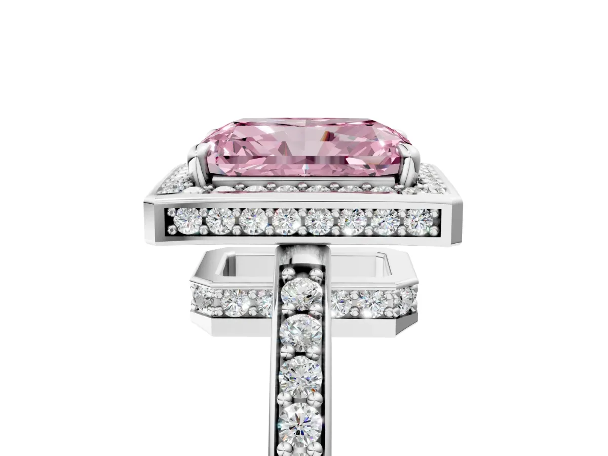 Fancy Pink Radiant Cut Halo Pave Band Solitaire Ring with Prong Setting Platinum