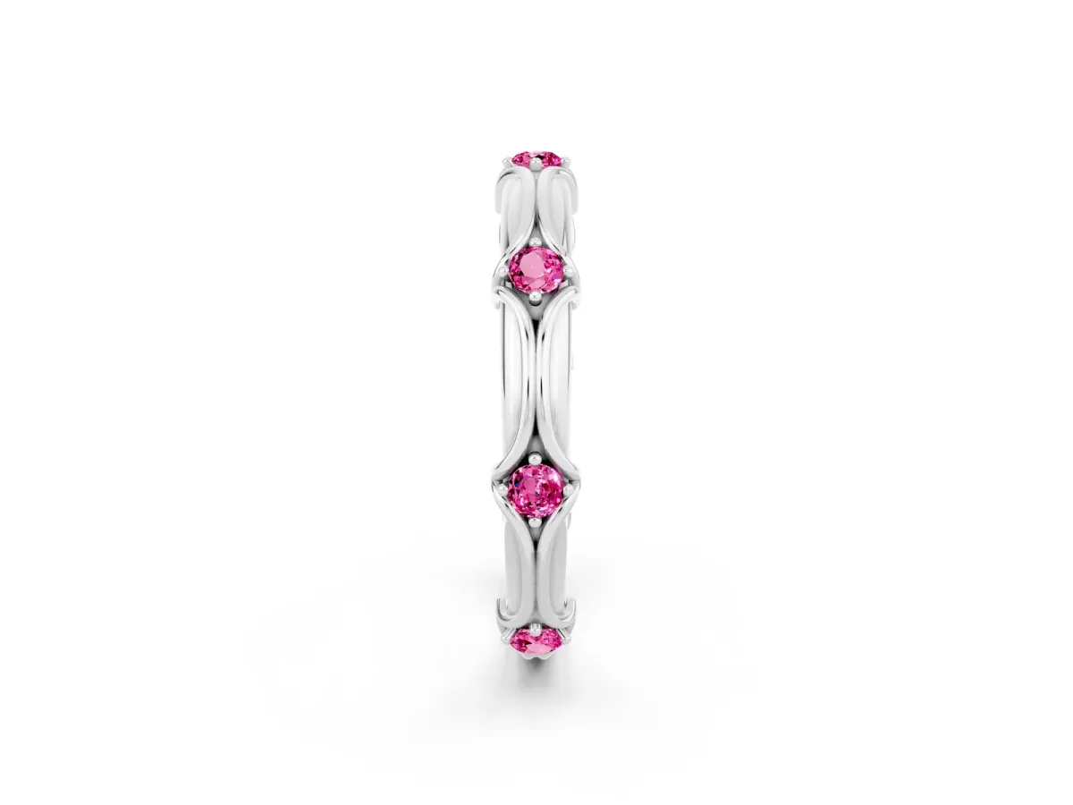 Round Pink Sapphire Prong Set Milgrain Eternity Band Silver