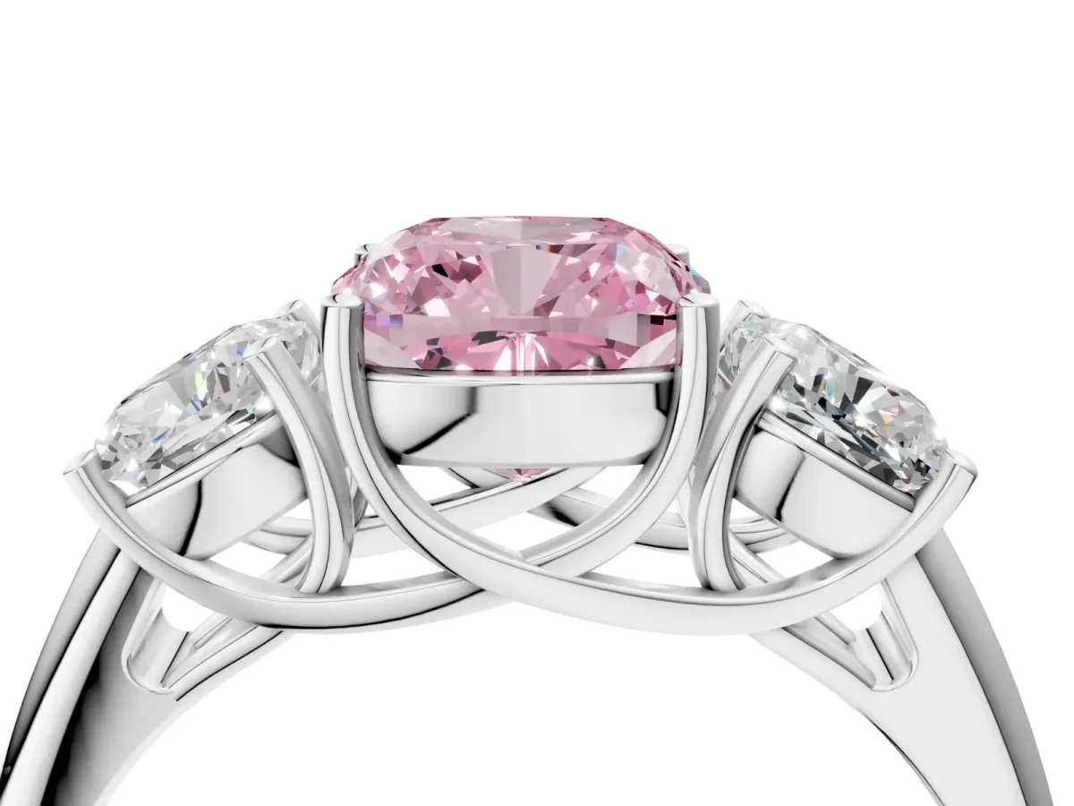 Fancy Pink Three-Stone Cushion Cut Diamond Engagement Ring with Prong Setting White gold