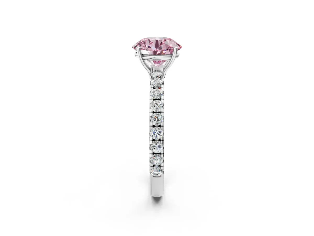 Fancy Pink Round Cut Diamond Pavé Solitaire Engagement Ring with Four-Prong Setting Silver