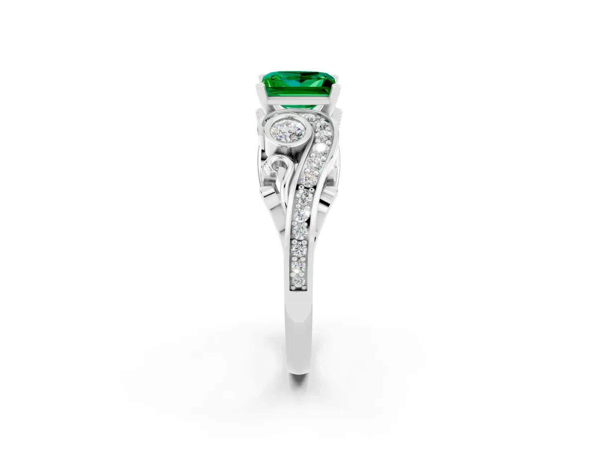 Princess Cut Emerald Solitaire Ring with Milgrain Pavé Band and Four-Prong Setting Silver