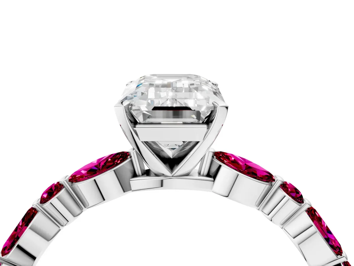 Emerald Cut Diamond Ring with Marquise and Round Garnet Side Stones and Four-Prong Setting Silver