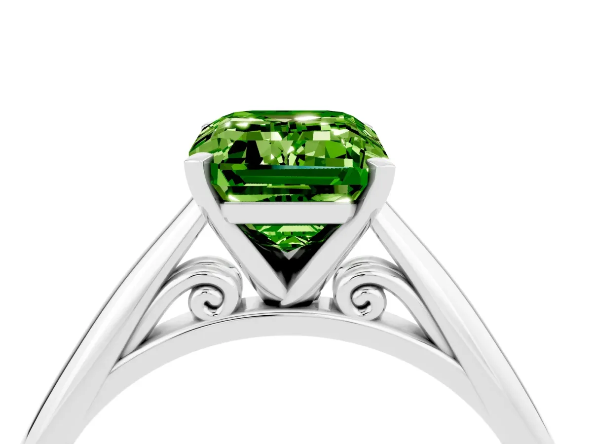 Emerald Cut Peridot Solitaire Engagement Ring with Cathedral Setting and Four-Prong Mount White gold