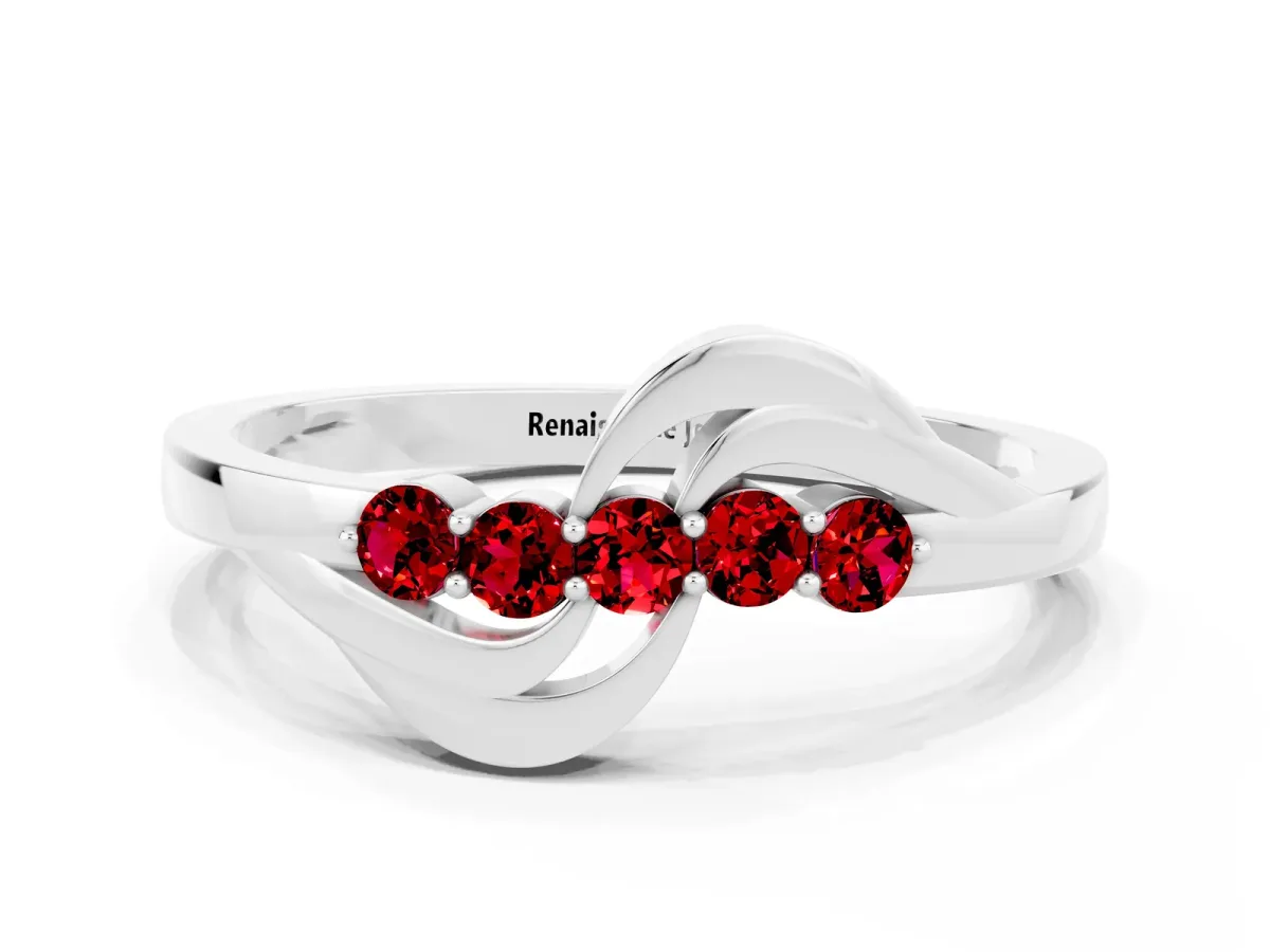 Five-Stone Round Ruby Crossover Band with Prong Setting Silver