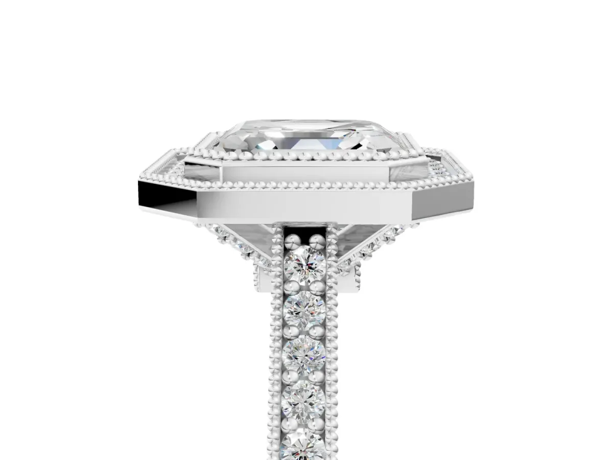 Halo Asscher Cut-Cut Diamond Pave Band Milgrain Prong Setting Ring Platinum