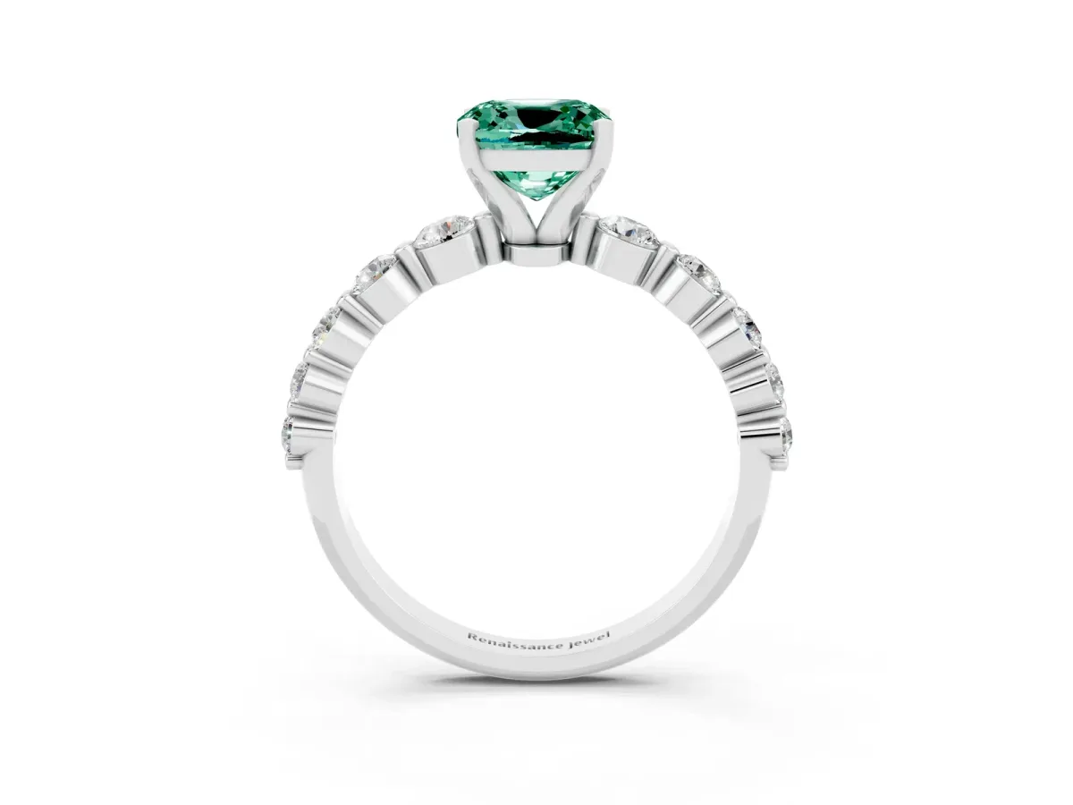 Cushion Cut Solitaire Green Sapphire Ring with Pave Band and Four-Prong Setting Silver