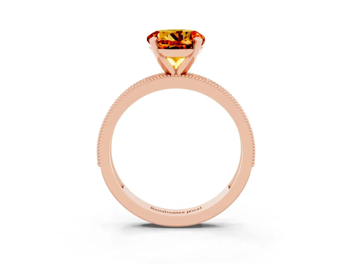 Round Cut Citrine Milgrain Pavé Engagement Ring with Four-Prong Setting Rose gold