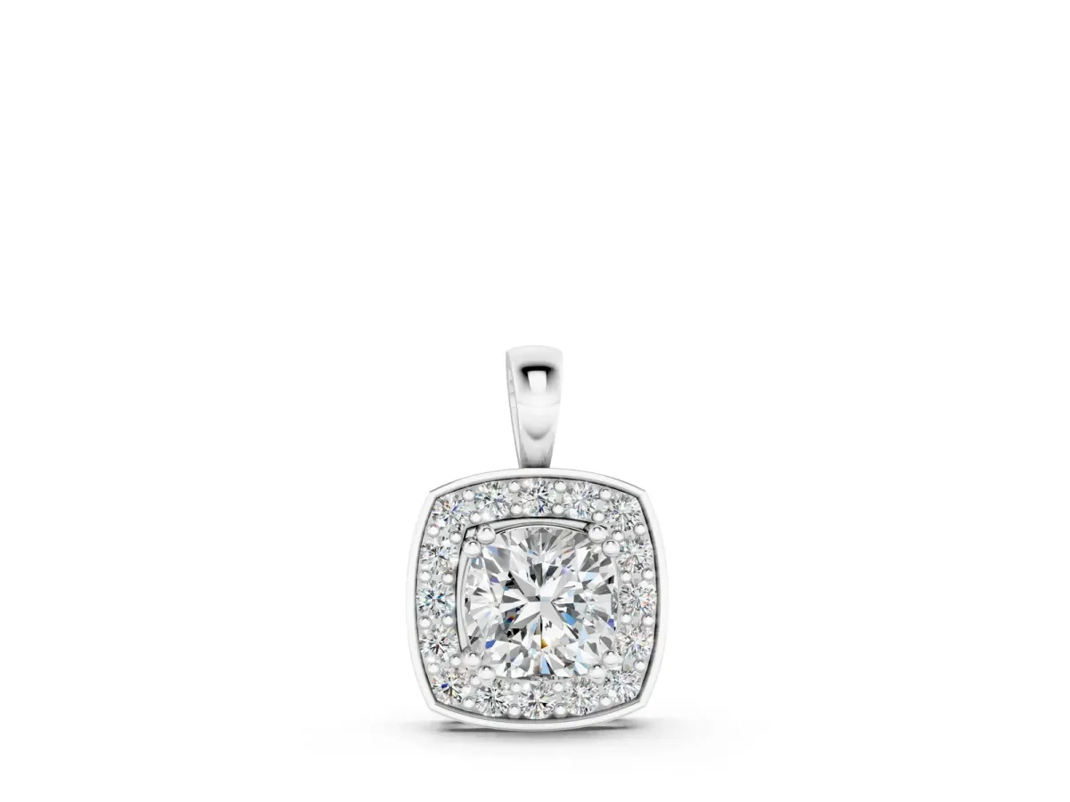 Cushion Halo Pendant with Round Diamond and Four-Prong Setting Silver
