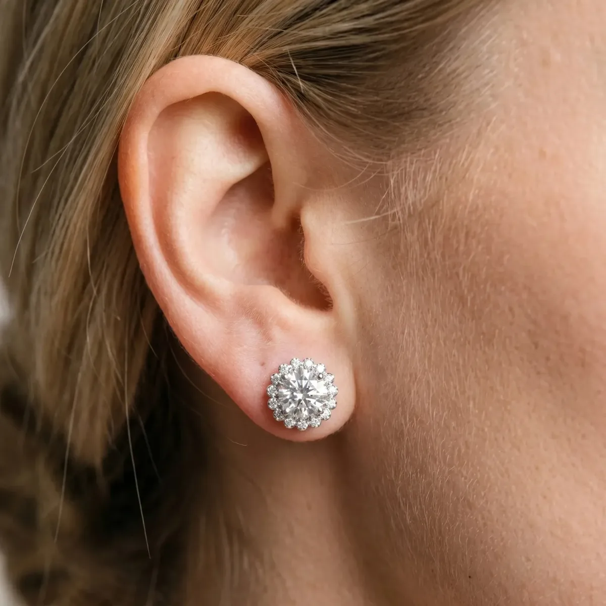 Round Diamond Flower Halo Stud Earrings with Petal Prong Setting Silver