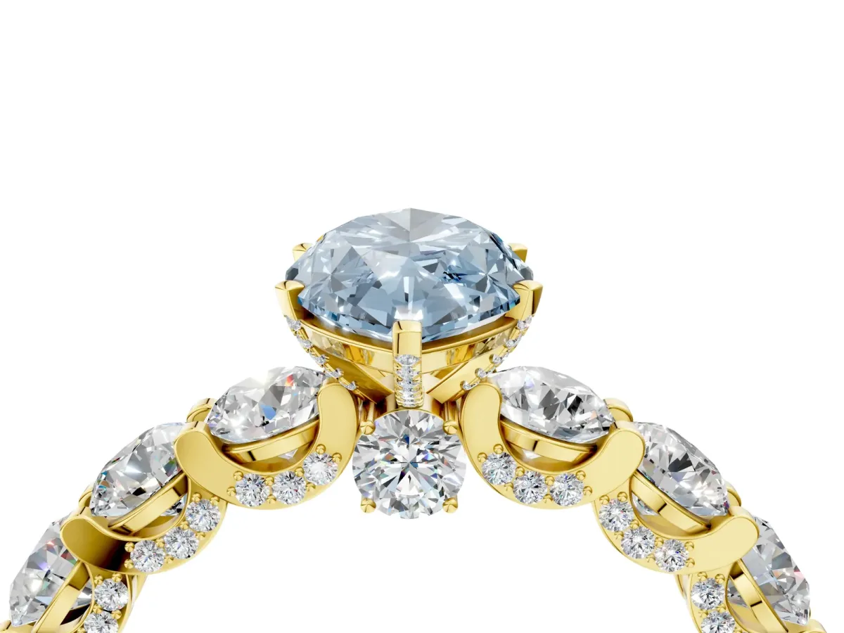 Fancy Blue Marquise Cut Diamond Side Stone Engagement Ring with Four-Prong Setting Yellow gold