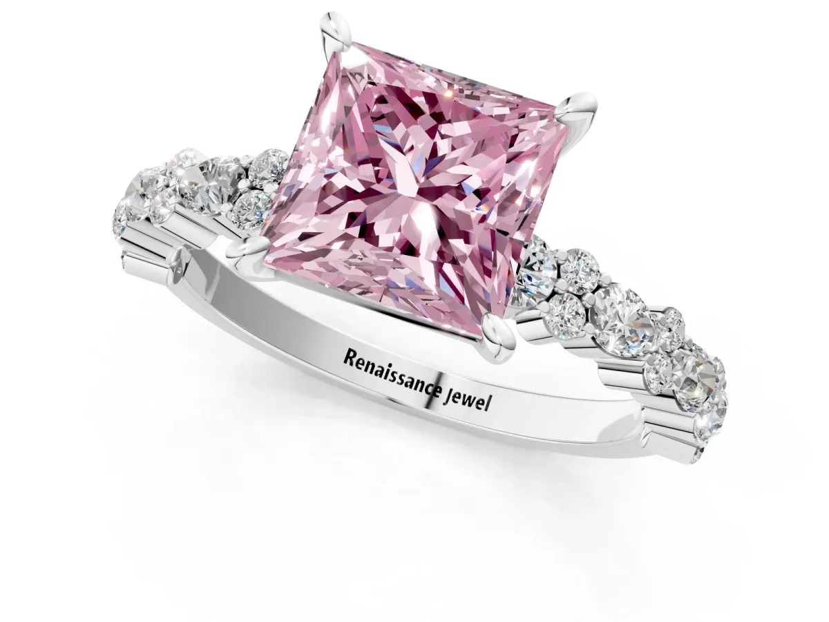 Fancy Pink Princess Cut Diamond Side Stone Solitaire Ring with Round and Four-Prong Setting Silver