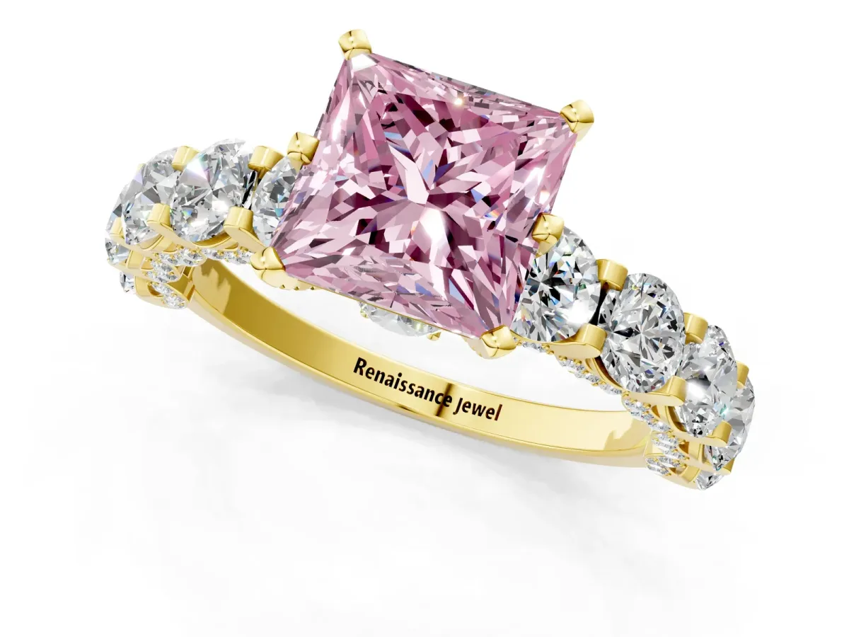 Fancy Pink Princess Cut Diamond Side Stone Engagement Ring with Four-Prong Setting Yellow gold
