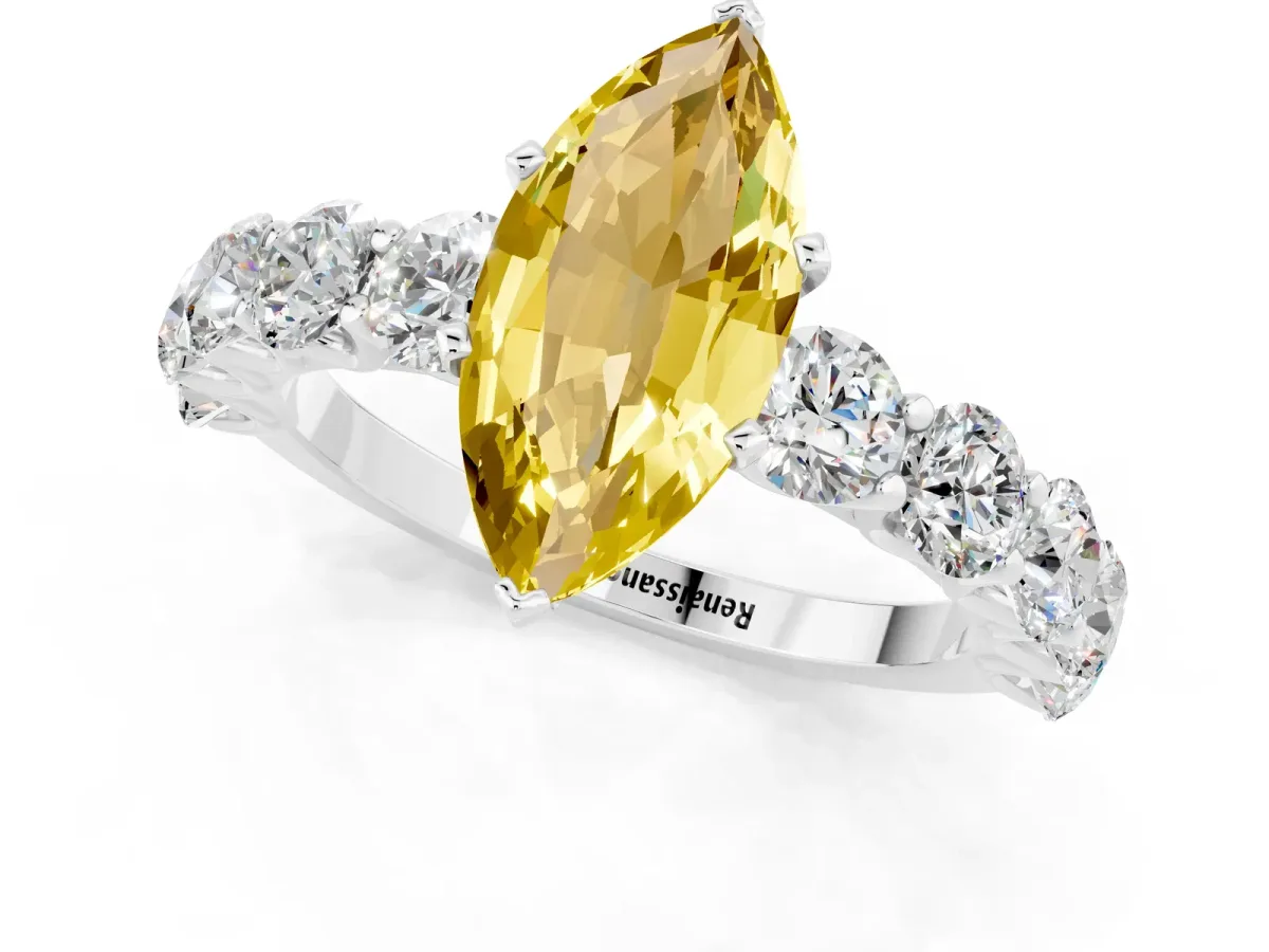 Marquise Cut Yellow Sapphire Prong Setting with Side Stones on a Pave Band Silver