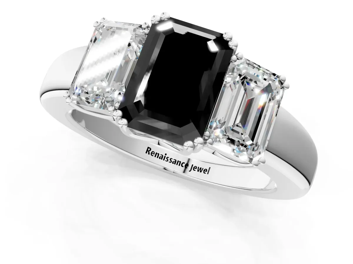Fancy Black Three-Stone Emerald Cut Cut Diamond Ring with Channel Set Band and Four-Prong Setting Platinum