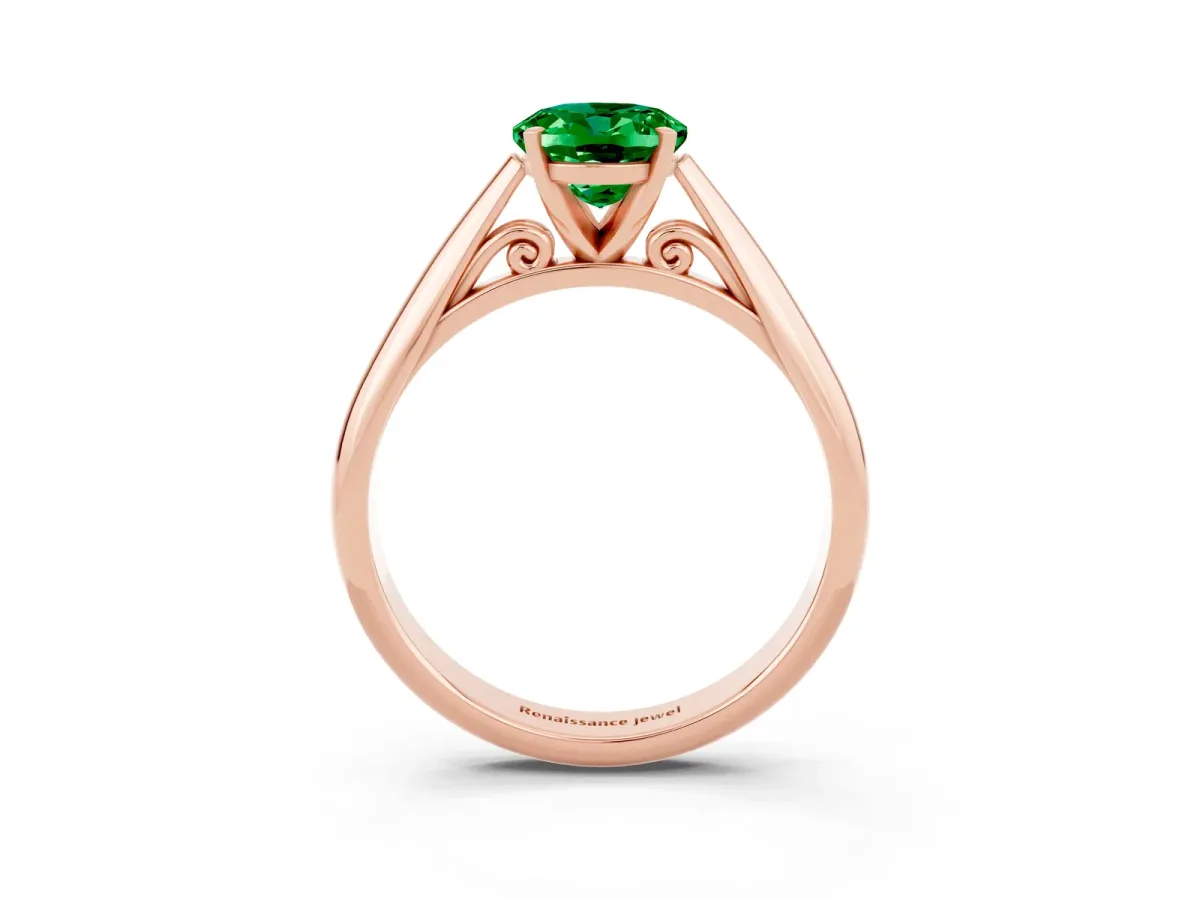 Oval Cut Emerald Solitaire Engagement Ring with Cathedral Setting and Four-Prong Mount Rose gold