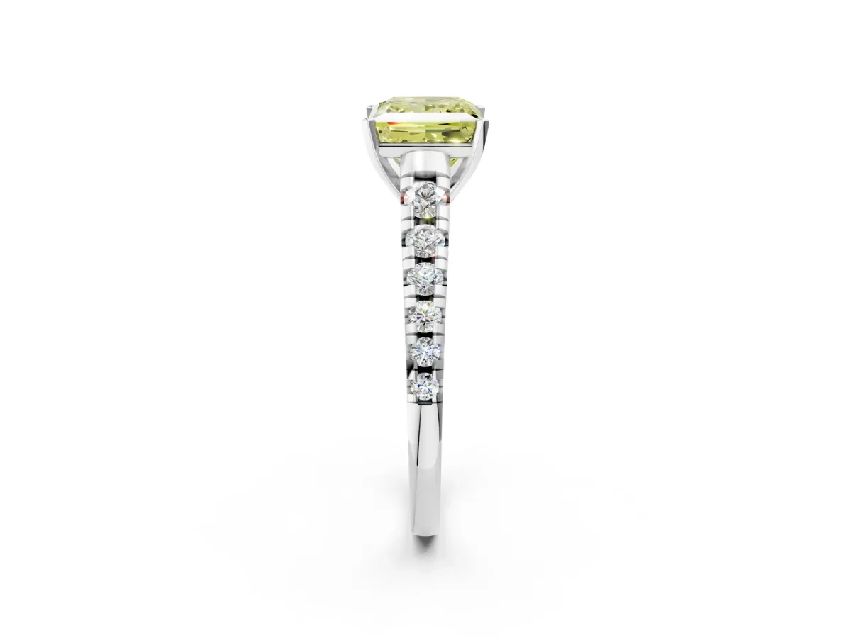 Fancy Yellow Princess Cut Diamond Cathedral Solitaire Ring with Round Pavé Band Silver