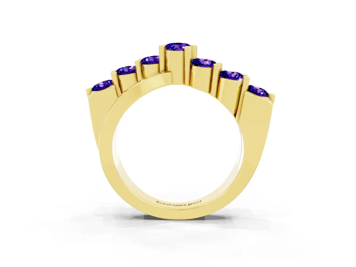 Round Tanzanite Prong-Set Crossover Band Yellow gold