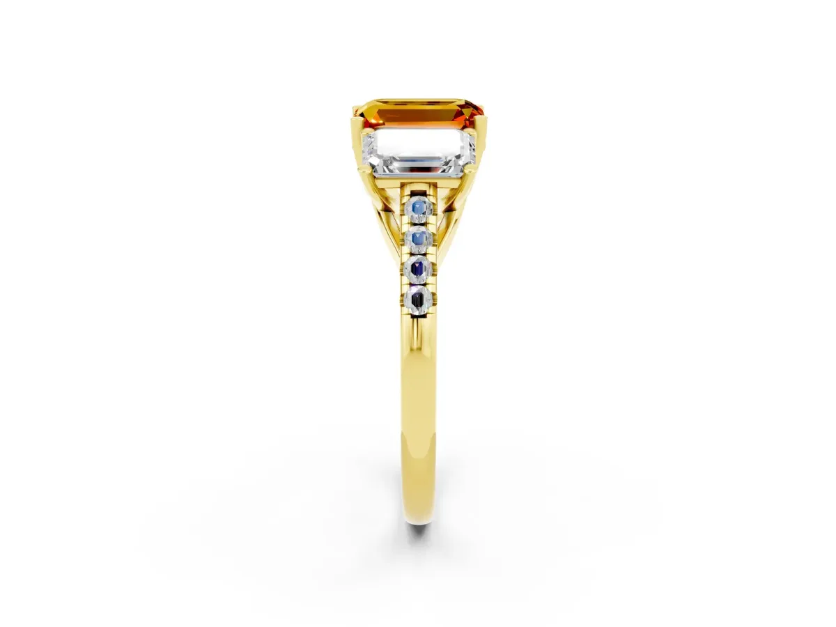 Three-Stone Emerald Cut Citrine Ring with Round Pavé Band and Prong Setting Yellow gold