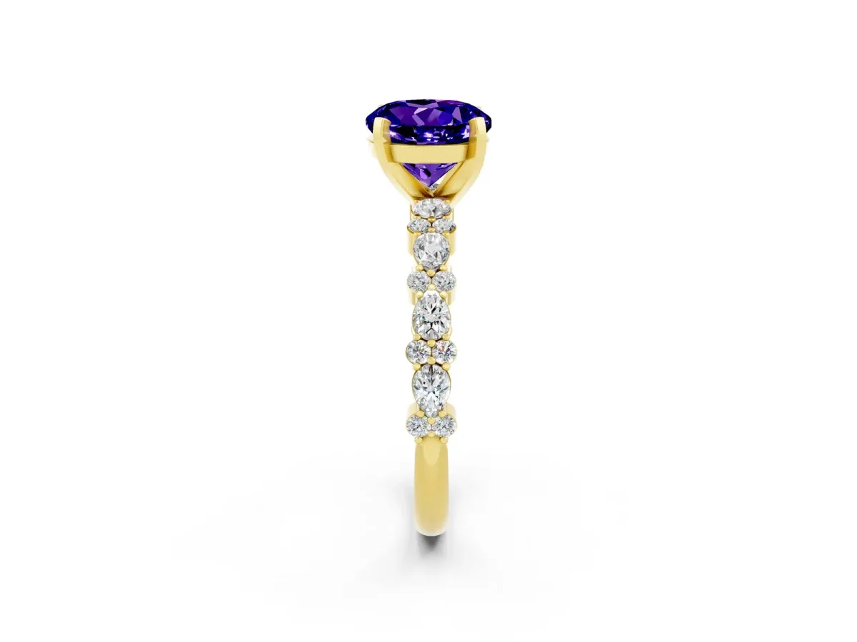 Round Cut Tanzanite Side Stone Solitaire Ring with Round and Four-Prong Setting Yellow gold